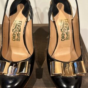 Salvatore Ferragamo Black and Gold Patent Leather Heels